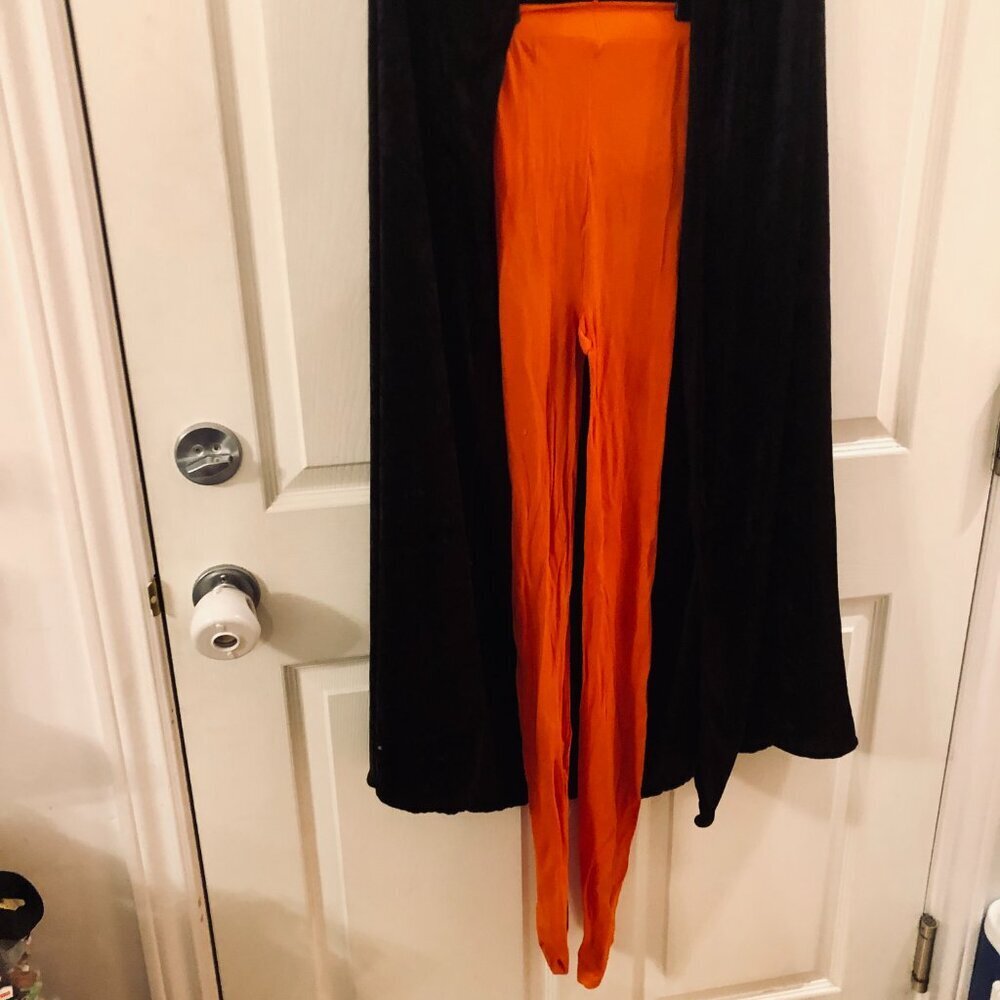 [Women Witch One-Size] Halloween Costume Set Velvet Cape Orange Tights Hat Clip - Picture 3 of 6
